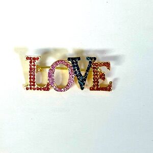 Brooch-word LOVE, multi color rhinestones golden base,  NIP, 1”x .5”